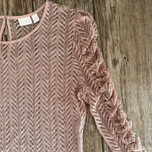 14th & Union Lace Top Shirt Womens M Ruched Sleeves Delicate Coquette Sheer - Picture 3 of 7